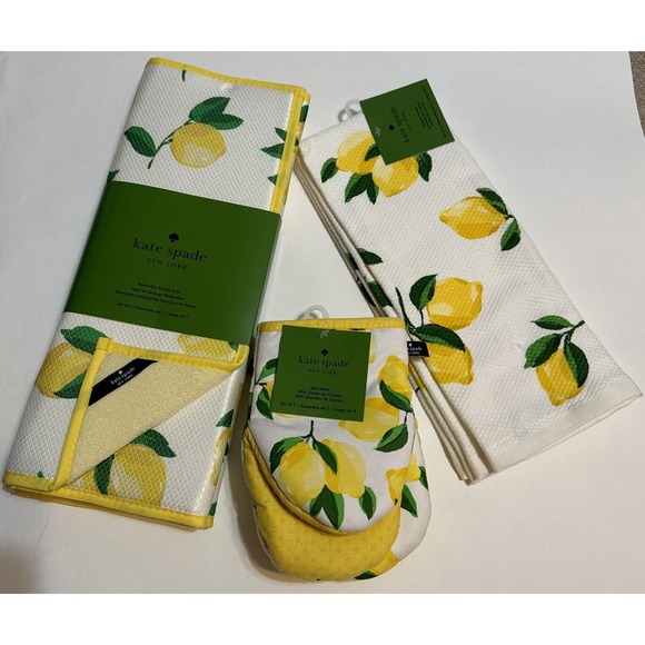 Kate Spade Set of 6 Lemon Yellow 2 Oven Mitts 2 Towels 2 Drying Mats New Tags - Picture 1 of 4